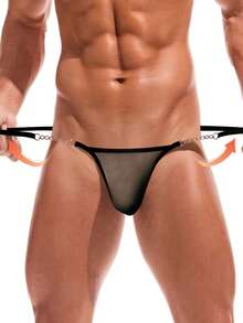 Men's Mesh Metallic Chain Decor Thong Underwear, Sexy Sheer Breathable - Black - View 3