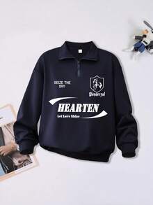 Teen GirlFashion Versatile College Style Half-Zip Letter Print Sweatshirt With Loose Wide Leg Pants, 2-Piece Set For Autumn/Winter Daily Wear - Navy Blue - View 3