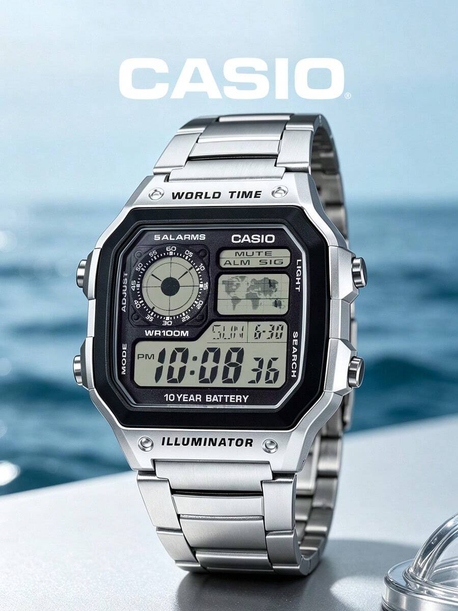Casio Men's Digital World Time Metal Watch, Stainless Steel Band, Multi-Function Display, Alarm, Business Travel Commute, Urban Tech Style Fashion - one-size - View 1