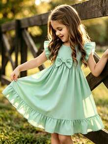 Girl's Mint Green Dress With A Round Neckline And Ruffle Sleeves, Bow-Tied A-Line Skirt, Perfect For Casual Everyday Wear, Park Outings, And Picnics - Mint Green - View 1