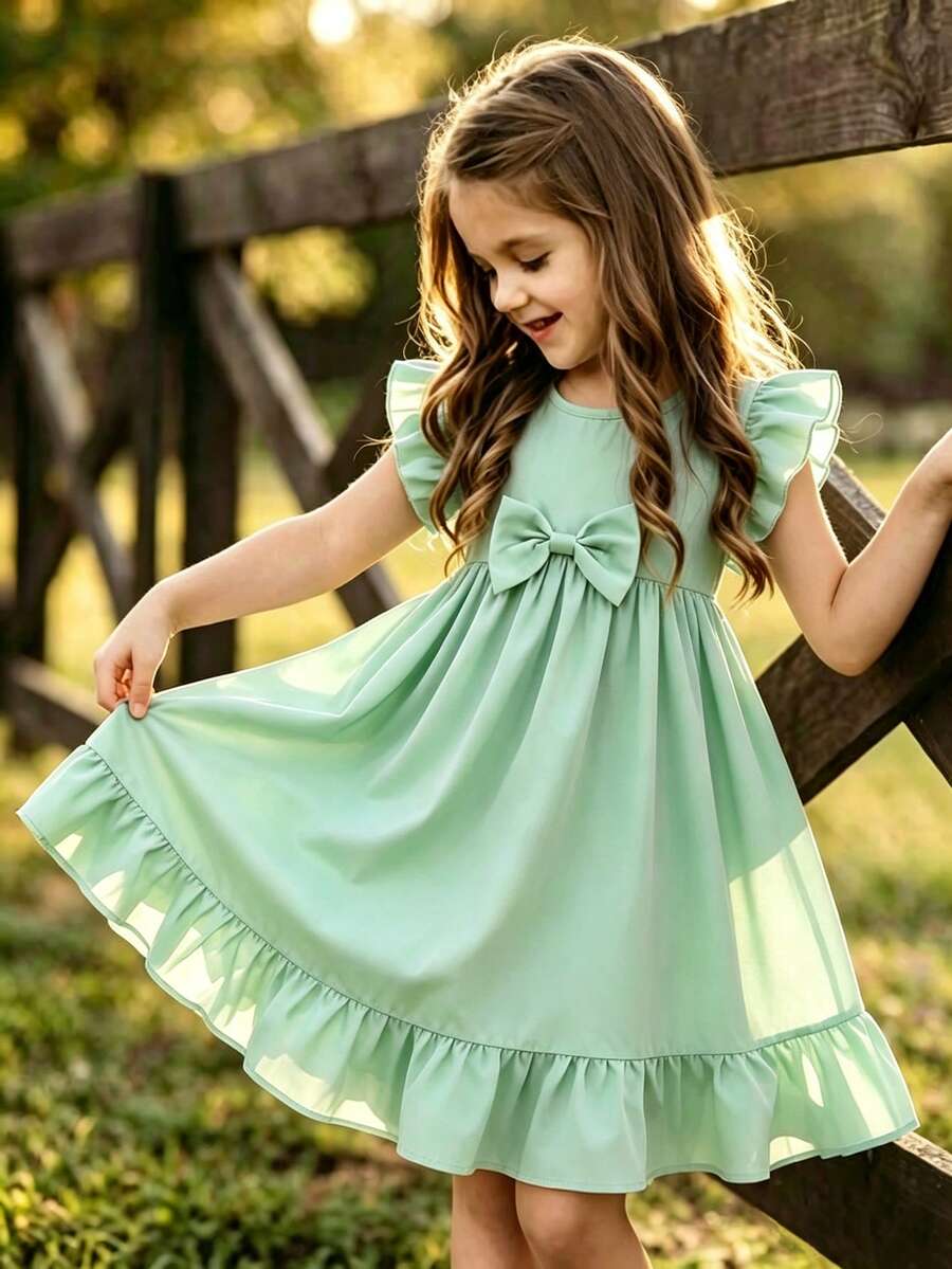 Girl's Mint Green Dress With A Round Neckline And Ruffle Sleeves, Bow-Tied A-Line Skirt, Perfect For Casual Everyday Wear, Park Outings, And Picnics - Mint Green - View 1