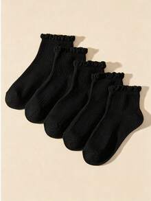 5/10/20 Pairs 1‑14Y Girls Black Scallop Ruffle Trim Ankle Socks, Soft Ribbed Knit Breathable All‑Season Kids Socks For Daily Wear & School - Black - View 6