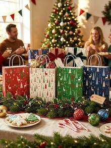 4pcs/Set Winter Christmas Gift Bags, Forest Deer & Mini Christmas Tree Print, With Handle, Christmas Paper Tote Bags, Christmas Holiday Gift Packaging Paper Bags, Party Favors, Merry Christmas Home Decor, Christmas Decoration, - Multicolor - View 8