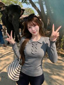 Sweater Rajut Lengan Panjang Kancing Kerah Polo Gaya Klasik untuk Wanita, Desain Musim Gugur/Dingin, Atasan Pelangsing - Grey - View 5