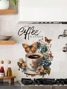 1pc Vintage Floral Butterfly Coffee Cup "IT'S COFFEE O'CLOCK" Wall Decor Sticker, Cozy Coffee Corner Atmosphere For Living Room And Dining Room - 1PC - View 3