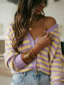 Women's Striped Knit Ribbed Button Front Long Sleeve Cardigan, Casual Elegant For Daily Wear, Country Concert, Vacation, Spring Autumn Winter - Mauve Purple - View 2