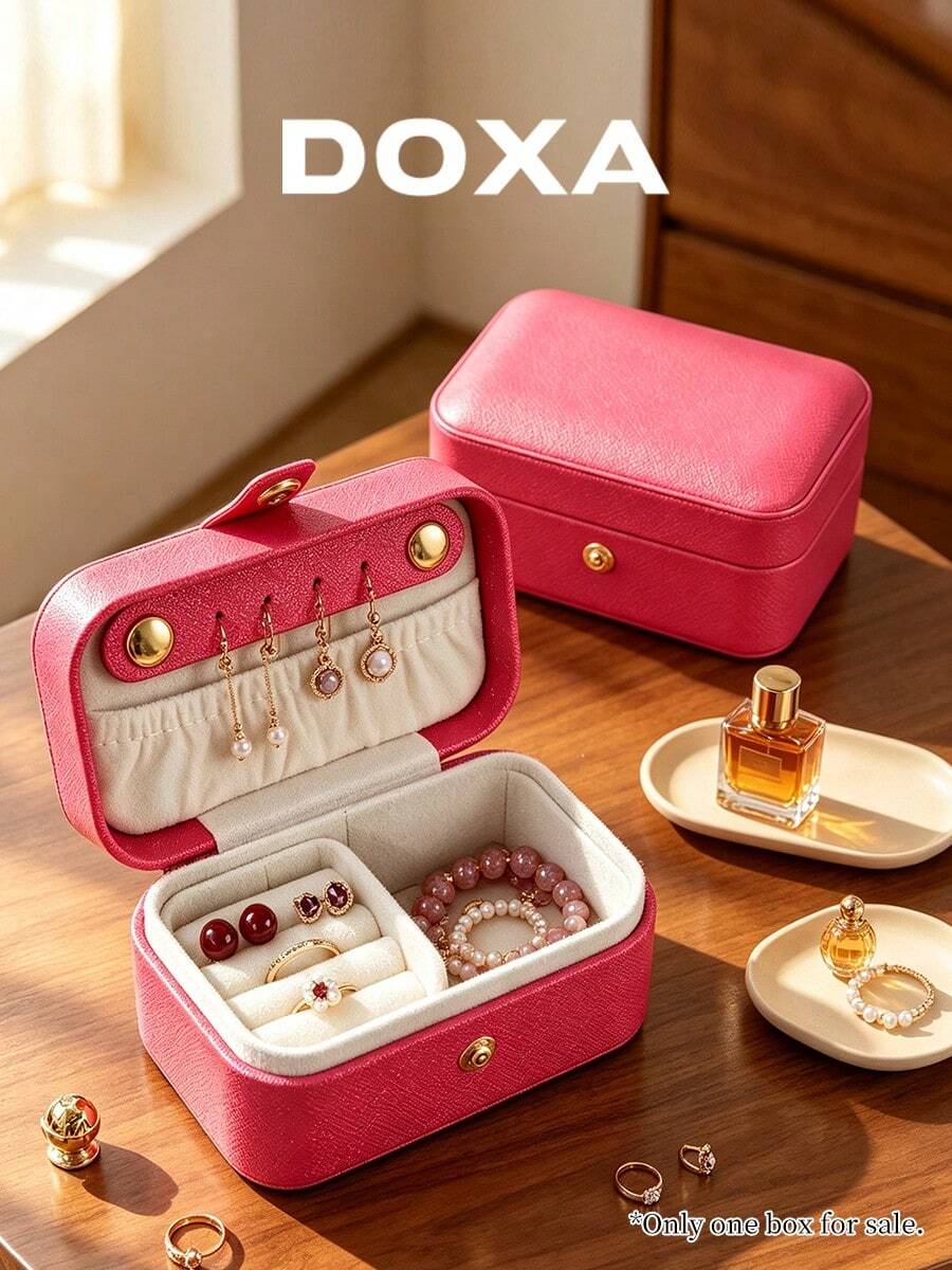 DOXA 玫瑰紅十字繡旅行珠寶收納盒,小型按扣式珠寶收納盒 - 玫紅色 - 查看 1
