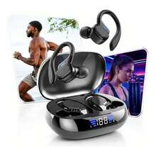Fone de ouvido preto esportivo premium com gancho, sinal Bluetooth 5.3 constante, compatível com celulares , ,  e  para lazer e exercícios - Visão 10