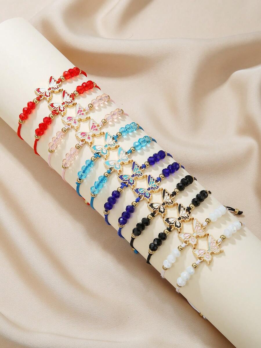 12pcs Oil Painted Butterfly With Faceted Crystal Beads CC Spacer Beads Adjustable Woven Bracelet Set For Women, Suitable For Family, Friends Sharing, Gift Giving And Daily Wear - Multicolor - View 1