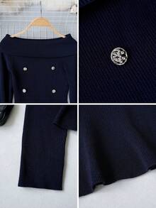 2026 Double-Row Gold Button Off-Shoulder Ribbed Knit Top, Fold-Over Off-Shoulder Slim Fit Long Sleeve, Ruffle Fish Tail Hem Waist-Cinching Cropped Base Layer, Commuter Sexy Aesthetic Elastic Knit Sweater - Royal Blue - View 9