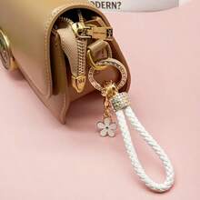 Elegant Woven Rope Keychain With Crystal-Studded Key Ring And Flower Charm, Made Of Alloy And Resin, Perfect Valentine's Day Gift For Women - B - View 7
