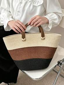 BAILEE A Casual Vacation-Themed Woven Handbag With A Wooden Handle, Three-Color Clash Design, Ample Capacity, Perfect For Vacation Attire And As A Gift. - Multicolor - View 4