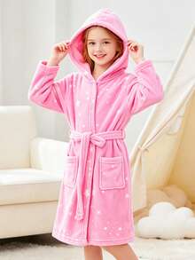 Tween Girl Star Print Hooded Belted Flannel Robe - Pink - View 4