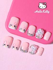 Sanrio Hello Kitty 24片短方型3D凝膠豹紋與粉色法式穿戴甲，附可愛3D Hello Kitty、水鑽與花朵裝飾，亮片設計，完美貼合的壓克力假指甲套組，適合女孩日常、派對與聚會使用 - 彩色 - 查看 3