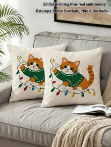 shangxia 2PCS--Christmas Colorful Lights Orange Kitten Pattern Printed Pillowcase, Winter Living Room Sofa Cushion, (No Pillow Insert)--(No Pillow Insert)---(Multiple Sizes)---(No Embroidery)---(Single-Sided Print) - Multicolor - View 9