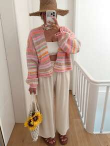 Women's Colorblock Striped Single-Breasted Casual Daily Cardigan - Pink - View 3