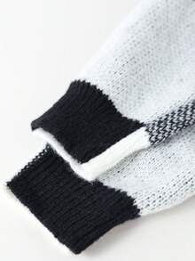 Teen Boys Streetwear Patchwork Round Neck Knitwear Relaxed Fit Sweater Top - Black and White - View 10