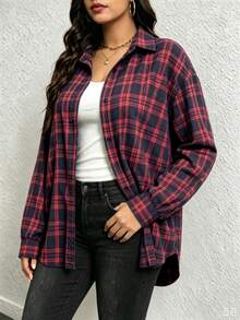 Women's Plus Size Vintage Casual Loose Plaid & Striped Shirt - Black and Red - View 2