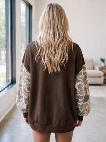 Acelitt Autumn/Winter Casual Crew Neck Loose Camouflage Patchwork Sweatshirt, Soft Fleece Fabric, Suitable For Daily Streetwear - Coffee Brown - View 2