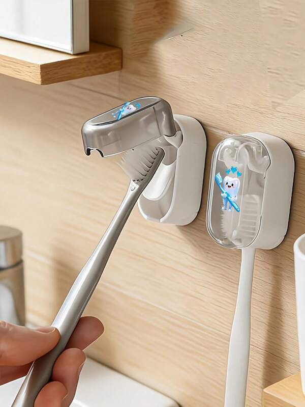 Wall-Mounted Toothbrush Holder With Colorful Tooth Pattern, Dust-Proof Self-Adhesive Toothbrush Storage Rack Without Diamonds, Electric/Manual Toothbrush Bathroom Storage Rack, Space-Saving Bathroom Accessory, Keeps Toothbrush Head Clean And Dry, Perfect For Women And Girls Travel Toothbrush Protection, Portable Hygienic Toothbrush Cover, Bathroom Accessory, Travel, Daily Use, Transparent Clip Toothbrush Cover, Home Gift, Back To School, Halloween, Christmas Gift