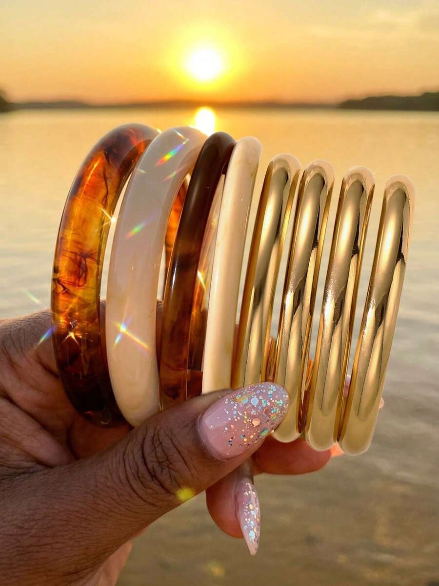 8pcs Multi-Layer Stackable Fashion Minimalist Elegant Exquisite Vintage Design Geometric Smooth Surface Minimalist Plain Circle Colorful Resin Gradient Style Bracelets Set, Holiday Vacation Party Date Gift, Daily Commute Wear, Personalized - Multicolor - View 1