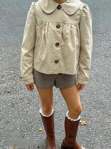 Women's Fashion Cute Peter Pan Collar Long Sleeve Loose Short Casual Jacket - Apricot - View 4