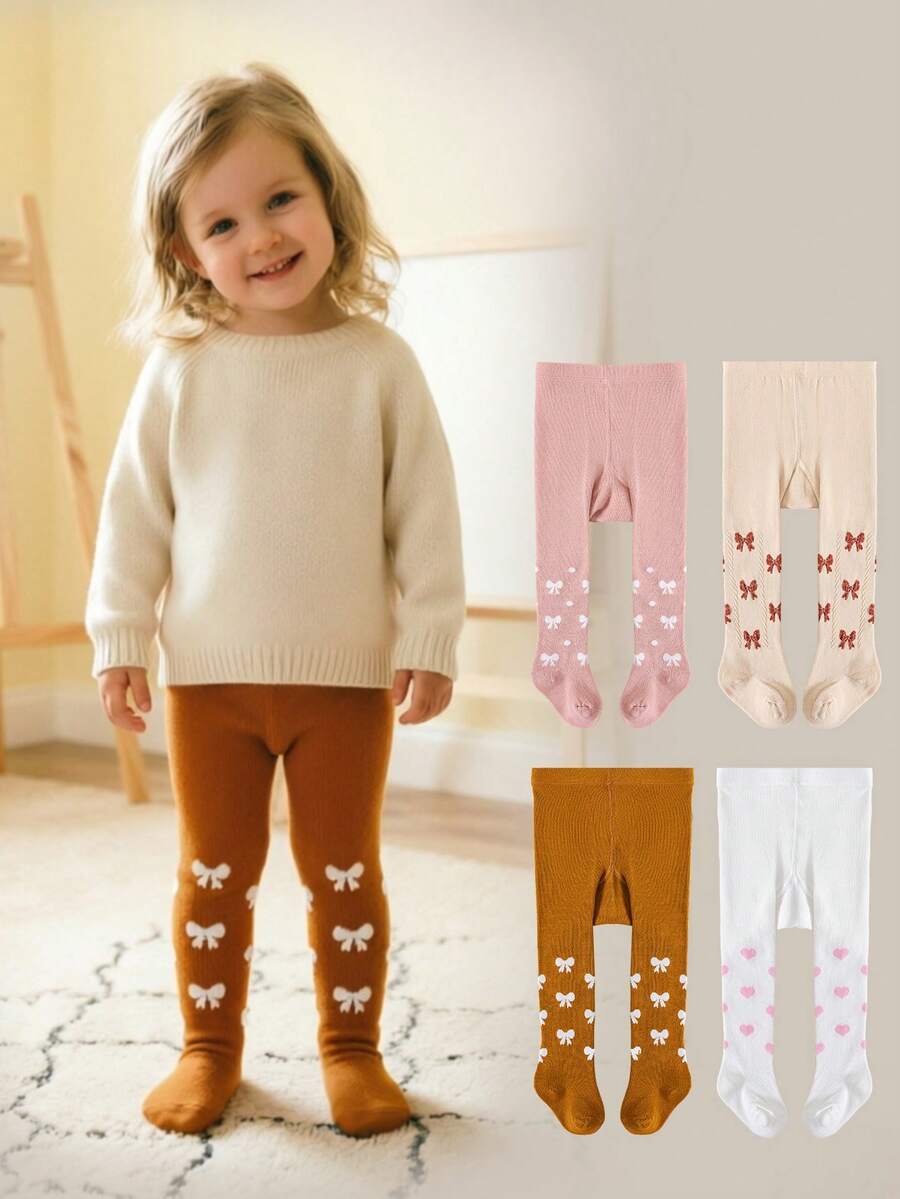 1/4 Pairs Of Baby/Girl Pantyhose, Cute Bow/Heart Pattern, Soft Elastic Knitted Stockings, Suitable For Daily Wear/Travel In Spring And Autumn - Multicolor - View 1