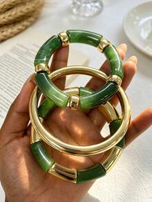 3pcs/1pc Vintage Elegant Bohemian Style Women's Green Acrylic Beaded Elastic Bracelet Set, Suitable For Women's Daily, Party, Vacation Wear, Stackable, Giftable - Green - View 5
