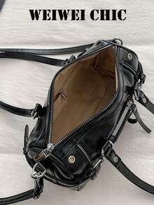 Bolso cilíndrico Y2K Millennium Hot Girl con múltiples bolsillos con cremallera, decoración de herrajes con remaches, uso dual de mano y bajo el brazo, estilo retro de motocicleta, atuendo de uso diario, bolso de hombro personalizado para mujer - Negro - Ver 5