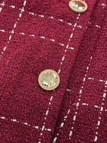 Women's Red Plaid Woven Double-Breasted Long Sleeve Jacket With Tassel Trim, Perfect For Autumn/Winter - Red - View 5