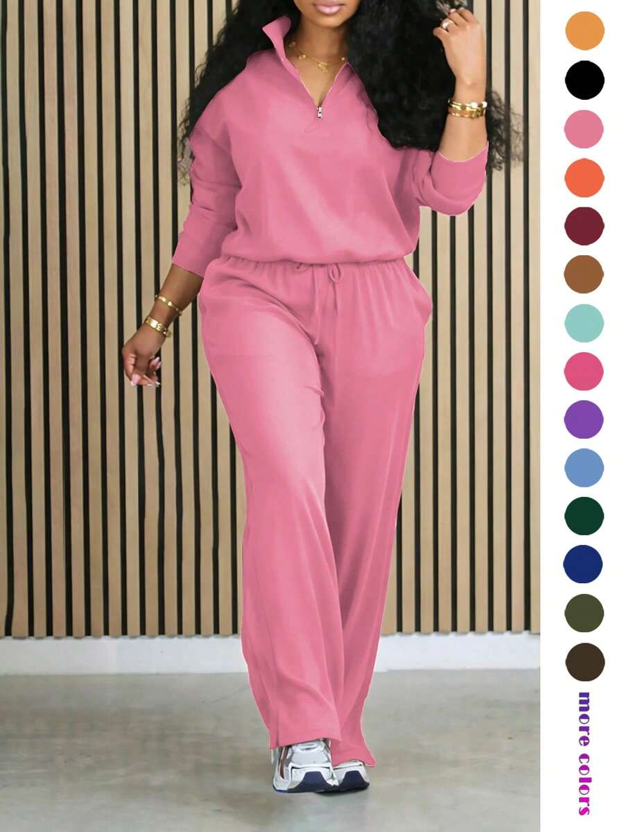 Women's Solid Color 2-Piece Casual Long Sleeve Half-Zip Hoodie And Drawstring Split Straight Leg Pants Set, Lightweight & Soft, Suitable For Spring, Summer, Autumn