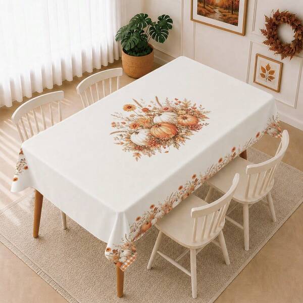 1 pieza Mantel minimalista con patrón de calabaza floral a cuadros de otoño, resistente a las manchas, decoración de mesa de comedor, adecuado para cocina, mesa de comedor, mesa de café, soporte de TV, entrada, decoración de fiesta y vacaciones, decoración del hogar, reunión de otoño