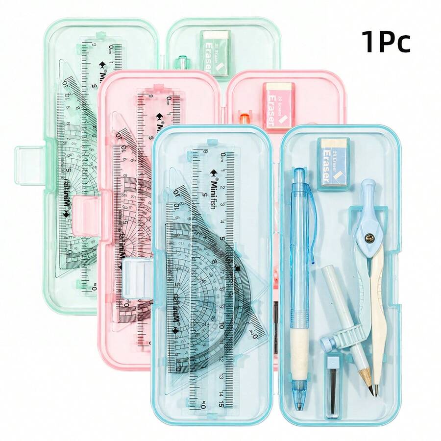 9-Piece Geometric Drawing Tool Set, Includes Compass, Protractor, Ruler, Mechanical Pencil, Eraser And Pencil Lead Refills, Complete Math Supplies Set For Students, Precise Measurement Geometric Drawing Tools, Essential Stationery For Classroom And Daily Learning - Sets - View 1