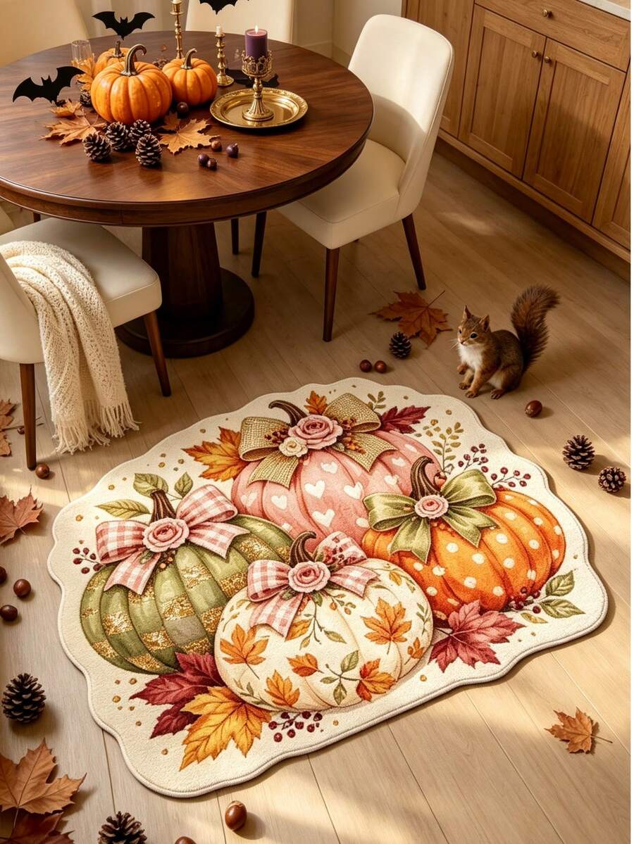 1 pieza Alfombra decorativa con lazo de calabaza de 4 colores, decoración de dormitorio, alfombra pequeña, alfombra, decoración del hogar, alfombra de sala de estar, alfombra pequeña de sala de estar, alfombra de dormitorio, decoración del hogar de sala de estar, alfombra de exterior, alfombra lavable, regalo de temporada de graduación - Multicolor - Ver 1