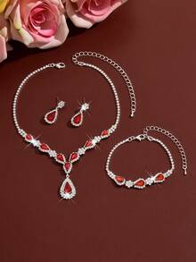 Luxury Elegant Water Drop V-Shaped 3 Pieces Jewelry Set, Fashion Design Bridal Wedding Evening Party Ball Accessories - 1786 - View 4