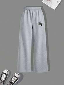 Tween Girls' Fashion Minimalist Letter Embroidered Half-Zip Polo Collar Sweatshirt With Loose Wide Leg Pants, 2-Piece Set For Autumn/Winter Daily Wear - Grey - View 6