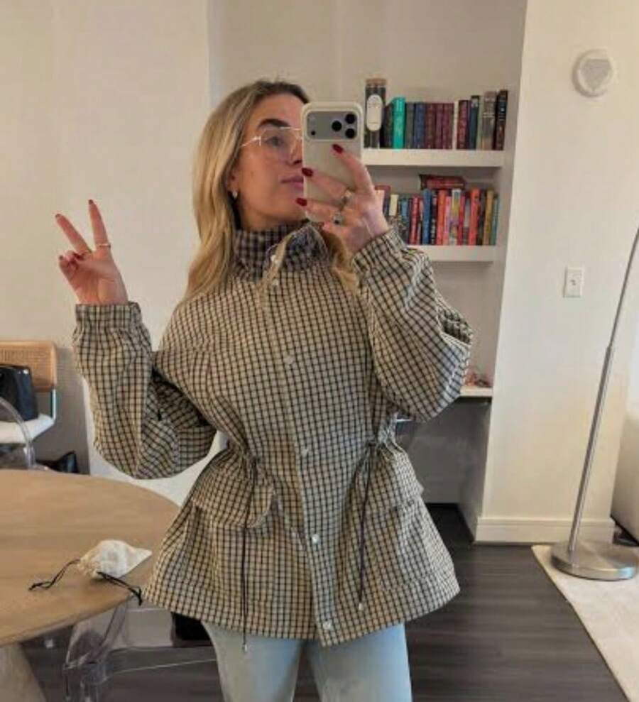 Women's Plaid Drawstring Stand Collar Long Sleeve Regular Jacket, Polyester Fiber, Autumn Outfit, Suitable For Autumn/Winter/Spring - Grey - View 1
