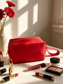 Bright Red Satin Makeup Bag With Embossed Horse & Rider Logo, Gold Zipper, Portable Handle, Large Capacity Travel Toiletry Bag, Luxury Gift For Women BURBERRY-GIFT-16 - Brown - View 5