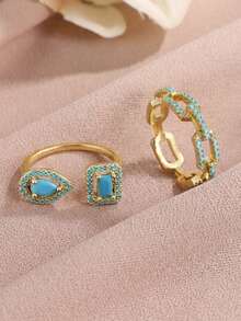 2pcs Fashion Water Drop Square Hollow Lock Ring Asymmetrical Open Blue Turquoise Ring Set - Style 8 - View 3