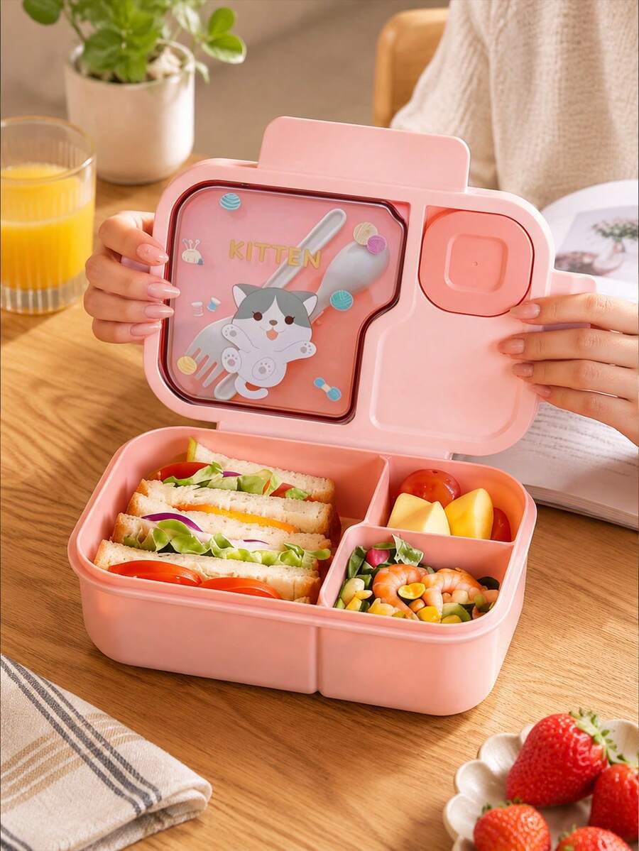 Large Capacity Cartoon Lunch Box, Bento Box With Fork And Spoon, Multiple Colors Available, Portable Lunch Box, Lunch Bag, Back To School Essential, Suitable For Office, Outdoor Travel, Back To School Season, School And Other Occasions.