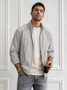 1pc Men's Jacket, Grey Mesh Splice Stand Collar Zipper Jacket, Woven Fabric Loose Silhouette Comfortable Non-Pilling, Casual Sporty Style, Suitable For Commuting, Summer Outdoor Activities - Grey - View 2