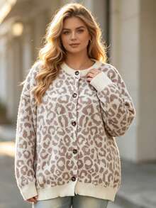 European & American Style Fashion Animal Print Plus Size Women's Autumn/Winter Drop Shoulder Long Sleeve Button-Up Knit Cardigan, Elegant Fall - Multicolor - View 4