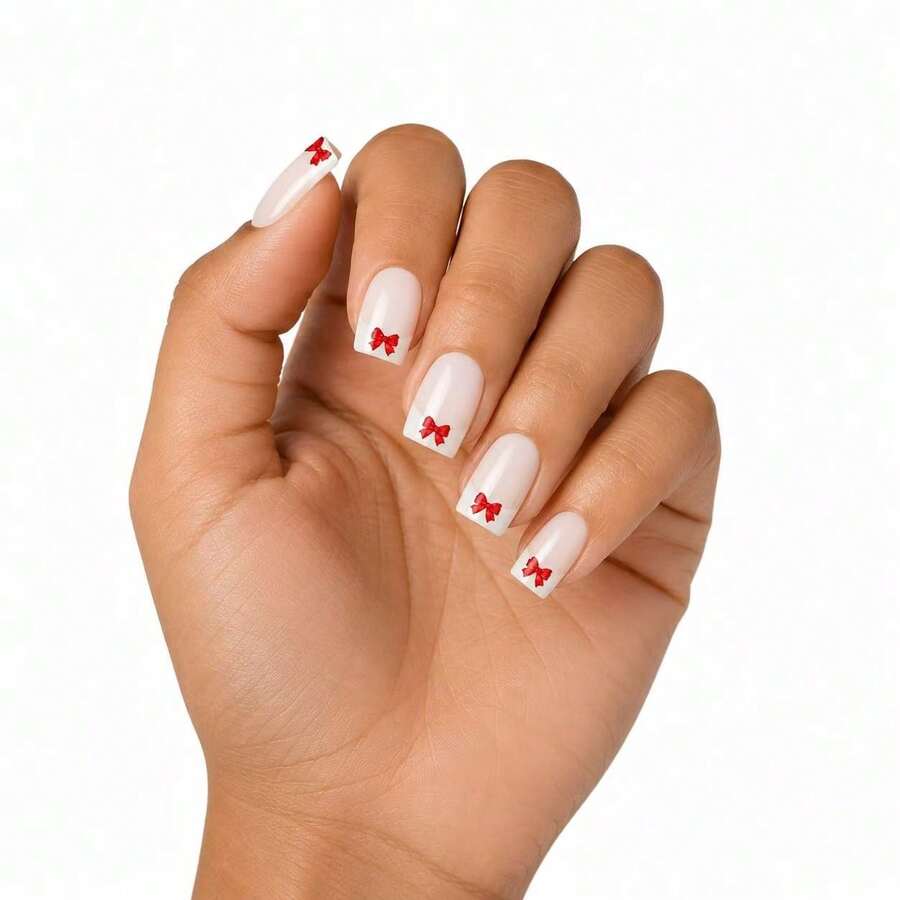 Finger Queen Short Square False Nails French Manicure Butterfly Red 24pcs Sheet - Francesinha Borboleta Vermelha - Ver 1