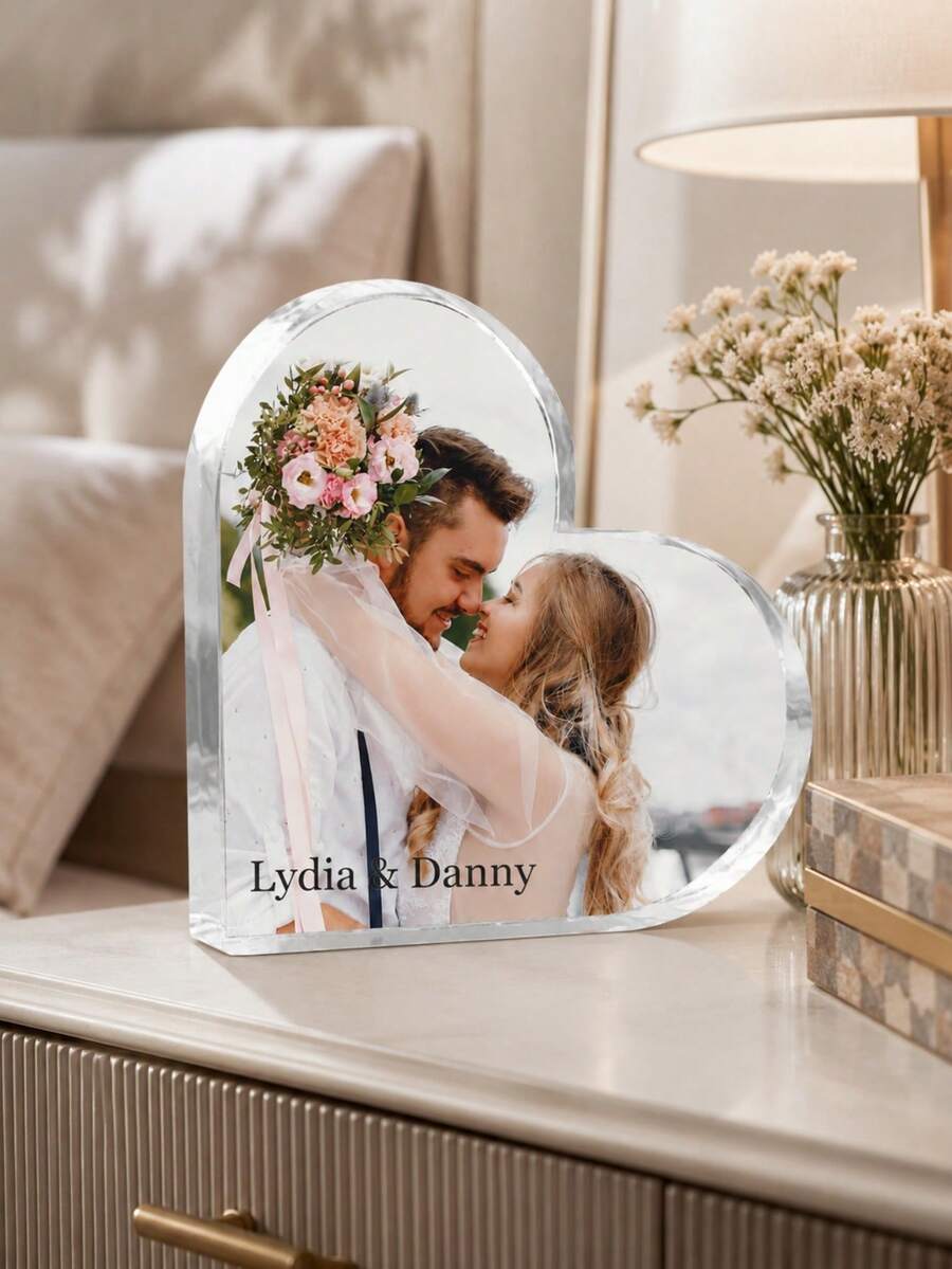 Custom Photo And Text Heart-Shaped Acrylic Ornament, Personalized Wedding Keepsake Gift, Transparent Heart-Shaped Acrylic Block (Includes Custom Image, Name And Message), Romantic Couple Anniversary Gift, Valentine's Day Gift, Wedding Memory Decor, Unique Personalized Home Decor, Home Decoration, Room Decoration, Personalized Gift, Custom Gift - Multicolor - View 1