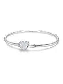 FOREVER QUEEN 1PC 925 Sterling Silver Heart Bangle Bracelet, Clear CZ Pave Heart Clasp Smooth Bangle, Romantic Jewelry Gift For Women - Bracelet - View 6