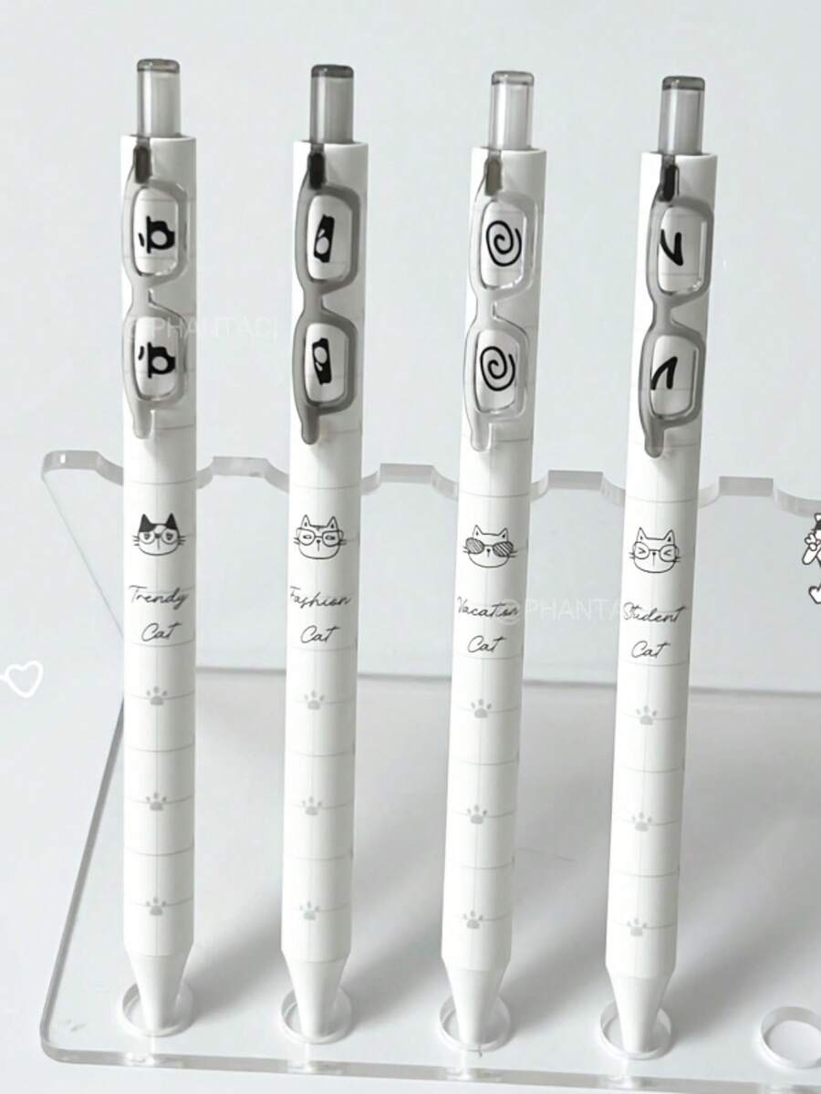 4支裝眼鏡框造型凝膠筆 0.5mm快乾黑墨貓咪圖案書寫筆 創意筆夾凝膠筆 辦公用品