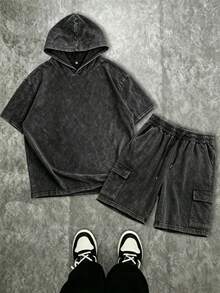 Men's Vintage Distressed Hoodie Short Sleeve T-Shirt And Cargo Shorts Set - Black - View 1