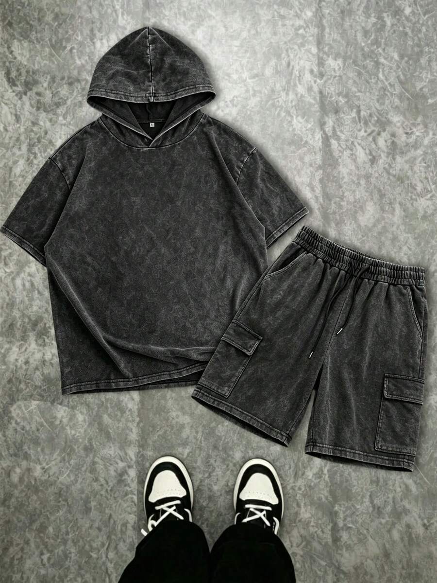 Men's Vintage Distressed Hoodie Short Sleeve T-Shirt And Cargo Shorts Set - Black - View 1
