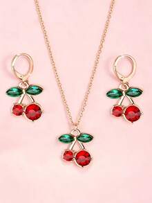 3pcs/Set Cute Cherry Rhinestone Jewelry Set Fashion Necklace Earrings Girls Daily Accessories Party Small Gift - one-size - View 8