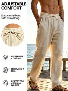 Men's Khaki Linen Woven Loose Casual Pants, Spring/Autumn & Summer, Breathable - Khaki - View 3